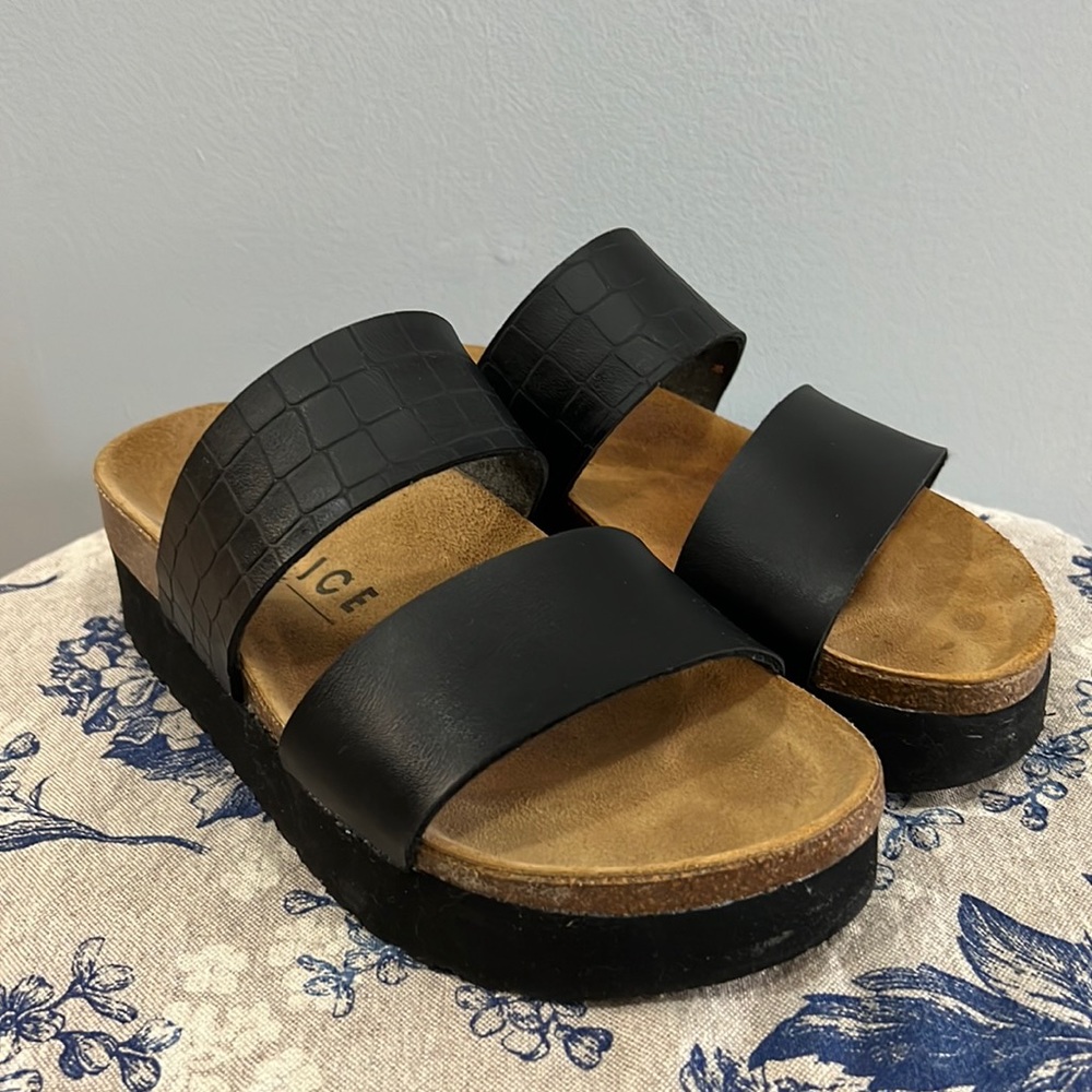 Office girl, Made in Spain, leather embossed platform sandals, size 6.
